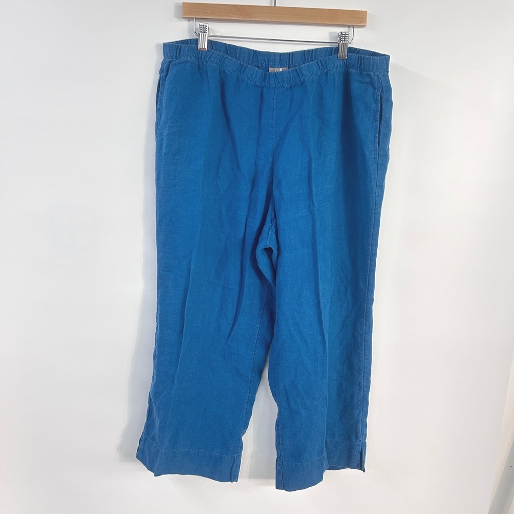 J Jill 100% Linen Crop Pants Large Blue Pull On Elastic Waist Coastal Resort
